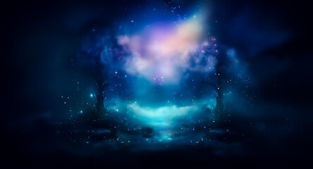 Poster - Dark, dreamy scene with a luminous cloud formation against a deep blue backdrop.  Soft light emanates from the center, creating an ethereal and mysterious ambiance.