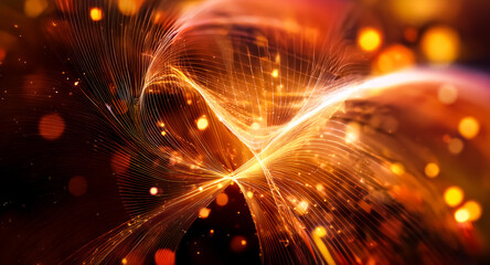 Fototapete - Abstract image of glowing orange and yellow light streaks creating dynamic swirling patterns with bokeh circles against a dark background.