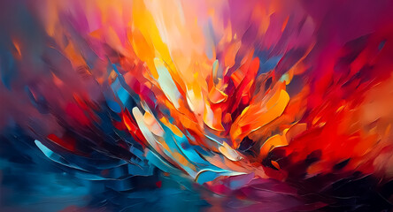 Poster - Vibrant abstract painting featuring dynamic brushstrokes in a spectrum of warm and cool colors creating an energetic and expressive composition.
