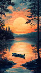 Wall Mural - Wooden canoe drifting across tranquil mountain lake, moonlight glimmering on water surface with soft sunset hues reflecting silently