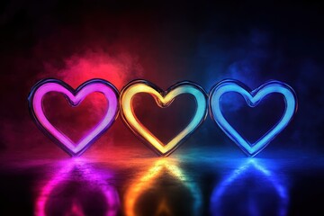 Poster - Three glowing holographic hearts create a vibrant display in dark surroundings