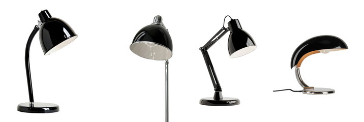 Poster - The description of the Modern Black Desk Lamp highlights its sleek, contemporary design, complete with a flexible neck and a bright light, making it an ideal choice for office or home use, isolated