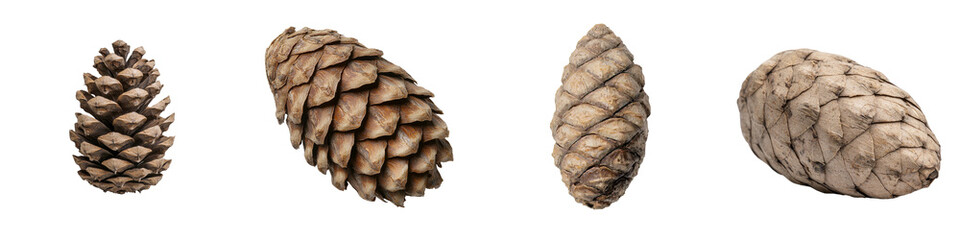 Poster - A close-up shot of a pine cone, isolated on a transparent background in png format, emphasizes its detailed texture and natural brown coloration