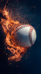 Poster - Baseball burning with orange flames and sparks on dark blue background, perfect for sports and competition concepts
