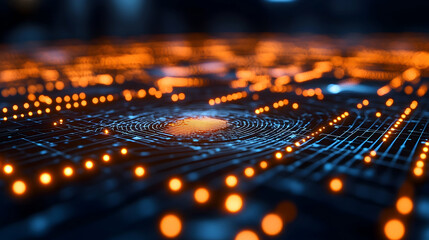 Poster - Abstract network, glowing orange dots on dark blue grid