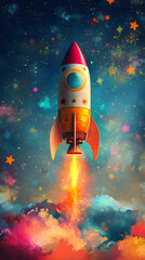 Aufkleber - Rocket ship launching through colorful clouds and stars, creating a vibrant and dreamy space exploration scene