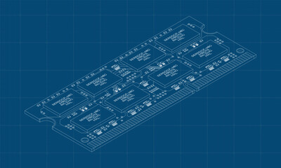 Fototapete - Isometric random access memory blueprint. RAM memory realistic 3d isometric. Computer hardware components. Vector illustration