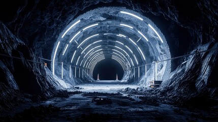 Poster - Futuristic underground tunnel construction site with bright lighting