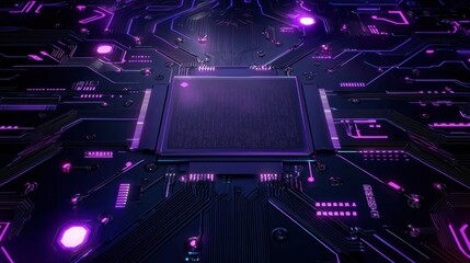 Poster - Glowing circuit board with neon blue and purple lights, futuristic motherboard texture, tech UI background