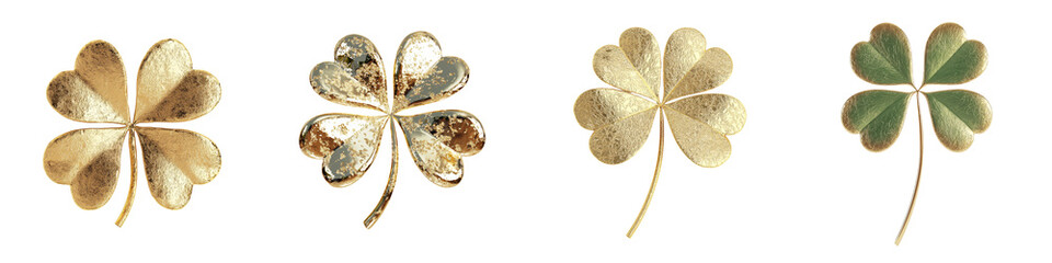 Poster - The Golden Four Leaf Clover, with its metallic appearance, is a symbol of good luck and is shown isolated on a transparent background in png