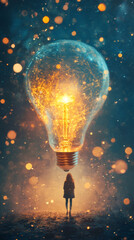 Aufkleber - Woman admiring a big bright light bulb illuminating a dark enchanted forest with fireflies and magical lights
