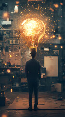 Aufkleber - Businessman standing in his office having a bright idea looking at a shining light bulb above his head