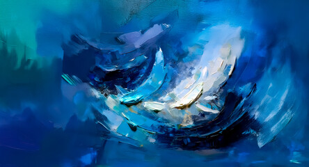 Aufkleber - Abstract brushstrokes in shades of blue and white create a dynamic, fluid composition. The painting evokes a sense of movement and depth through its swirling, painterly texture.