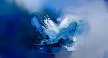 Poster - Abstract painting featuring dynamic brushstrokes and blended shades of blue and white.  The artwork evokes a sense of movement and depth through its textured appearance.