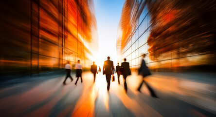 Poster - Silhouetted figures walk toward a bright light between tall buildings with a motion blur effect. Warm colors create a sense of movement in an urban setting.