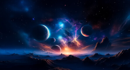 Poster - A vibrant space vista with planets and colorful nebulae above a dark mountain range. Stars shine brightly in the cosmic sky, creating a dreamy, otherworldly scene.