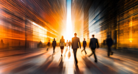 Aufkleber - Business team moves forward towards a bright future in a dynamic city environment. Motion blur conveys speed and ambition on path to success.