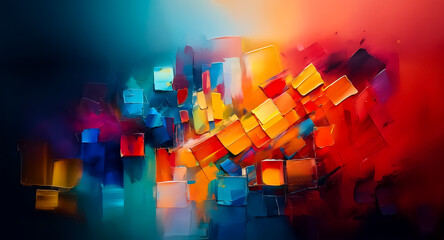 Aufkleber - Abstract artwork featuring a dynamic arrangement of colorful cubes in vibrant shades of red, orange, yellow, and blue against a dark background. Geometric shapes create a modern and abstract compositi