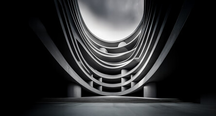 Poster - Dramatic black and white architectural interior featuring curved layers and strong contrast, creating a sense of depth and modern design.