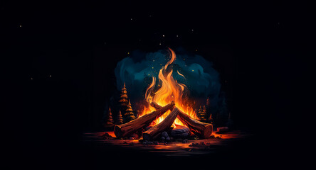 Aufkleber - A crackling bonfire illuminates the dark night, casting a warm glow.  Flames dance upwards from the burning logs in a peaceful, outdoor setting.