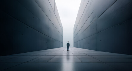Poster - A solitary person stands in a long, narrow corridor enclosed by towering concrete walls. Bright light at the end contrasts with the dark foreground, creating a sense of journey and mystery.