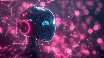 Poster - Futuristic Robot with Glowing Headphones and Abstract Background