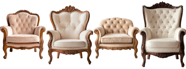 Poster - Isolated on a transparent background in png, this vintage beige armchair boasts a wooden frame and tufted upholstery, making it a classic and elegant seating choice for traditional interior spaces