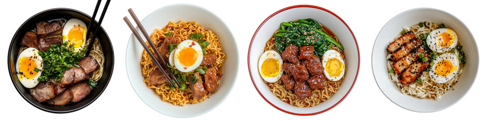 Poster - A savory ramen bowl filled with sliced pork, boiled egg, and fresh green garnishes, served in a delicious broth and isolated on a transparent png background