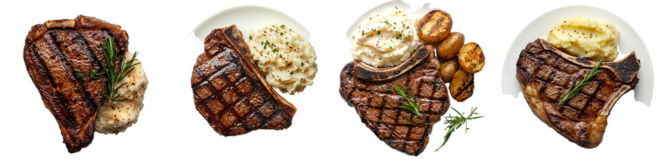 Poster - For a nourishing meal, try grilled steak paired with mashed potatoes and fresh herbs, shown here isolated on a transparent png background
