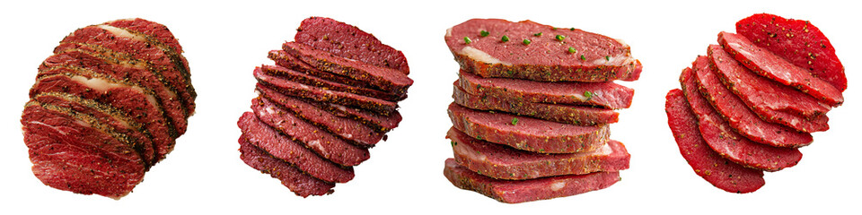 Aufkleber - A sliced pastrami specimen, exhibiting its rich color and texture, is perfectly suited for deli and culinary presentations, isolated against a transparent background in a png file