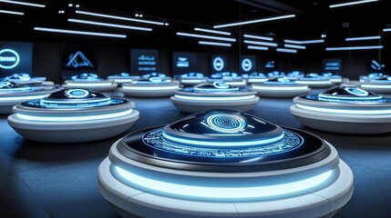 Poster - Futuristic Display of High-Tech UFOs in a Modern Exhibition Space