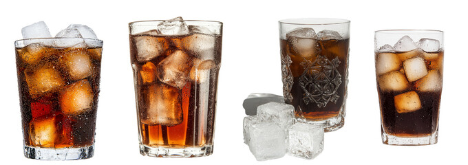 Poster - A tall glass of cola with ice cubes, symbolizing a refreshing drink, is depicted in isolation on a transparent background, available as a png