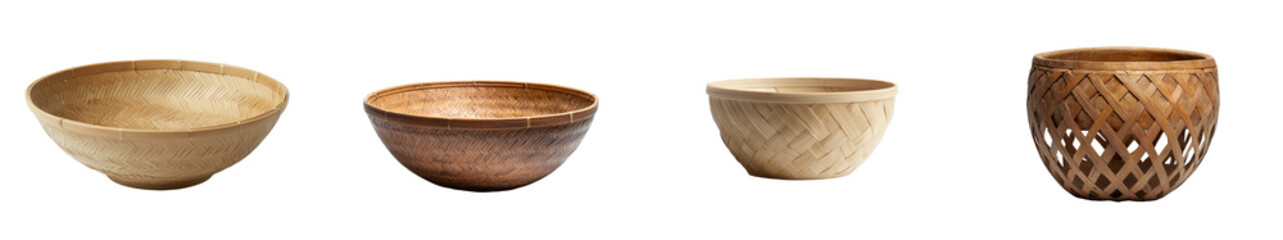 Poster - An empty, handcrafted bamboo bowl with a natural, woven texture, symbolizing traditional simplicity, is depicted in isolation on a transparent background, available as a png