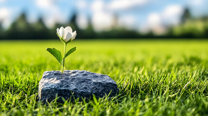 Poster - A flower growing from a rock on a grassy field