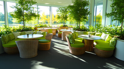 Poster - Bright indoor setting with greenery and cozy seating areas
