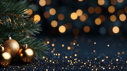 Wall Mural - festive christmas decorations with golden ornaments and bokeh lights
