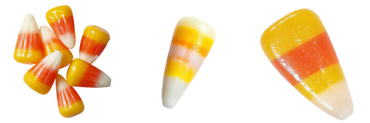 Poster - Candy corn, a classic Halloween sweet treat, comes in vibrant yellow, orange, and white, perfect for festivities, and is provided isolated on a transparent background in png