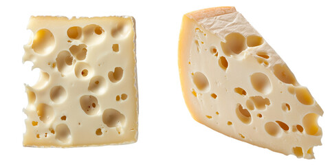 Poster - The wedge of Swiss cheese, distinguished by its large characteristic holes, showcases a smooth texture and yellow color, isolated against a transparent background in a png file