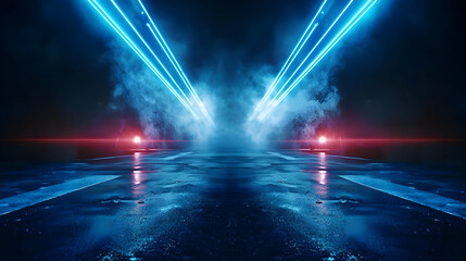 Fototapete - Vibrant Blue Neon Lights Illuminate Dark Abstract Background With Futuristic Design Elements and Reflective Surface