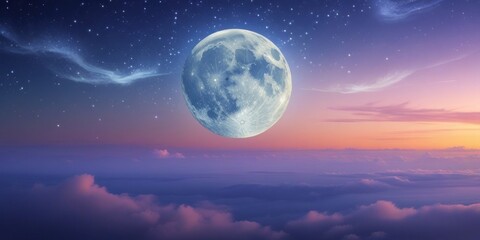 Wall Mural - A serene and mystical night sky with a majestic full moon, surrounded by a tapestry of twinkling stars