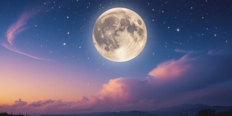 Wall Mural - A serene and mystical night sky with a majestic full moon, surrounded by a tapestry of twinkling stars