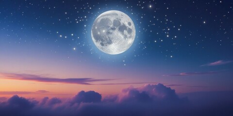 Wall Mural - A serene and mystical night sky with a majestic full moon, surrounded by a tapestry of twinkling stars