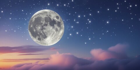 Wall Mural - A serene and mystical night sky with a majestic full moon, surrounded by a tapestry of twinkling stars