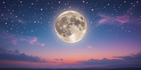 Wall Mural - A serene and mystical night sky with a majestic full moon, surrounded by a tapestry of twinkling stars
