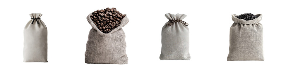 Poster - A 3D illustration of a coffee bean sack, complete with realistic texture and rich brown coffee beans, is provided in png format, isolated on a transparent background, making it ideal for food and