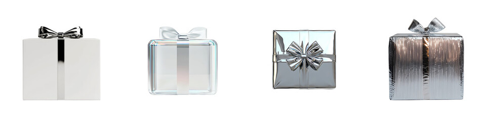 Aufkleber - For special occasions, celebrations, and luxurious gifts, consider an elegant silver gift box beautifully wrapped with a satin ribbon bow, presented on a transparent background in png