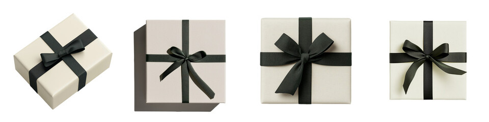 Poster - An attractive gift box, wrapped in cream-colored paper and embellished with a dark green ribbon tied into a bow, is suitable for special occasions and celebrations, and is isolated on a transparent