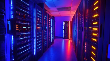 Poster - Illuminated Data Center with Colorful LED Lights in Server Room