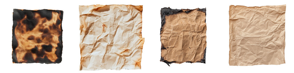 Aufkleber - Distressed paper with a burnt and torn appearance, featuring darkened edges, suitable for vintage-style crafts, scrapbooking, and design projects, provided on a transparent background in png format