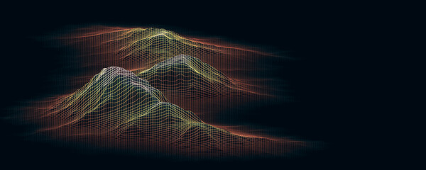 Collisional Mountain Chains formed by the collision of tectonic plates. Concept of mountain-building (orogenesis). Copy Space. Isolated on a black background. 3D illustration.